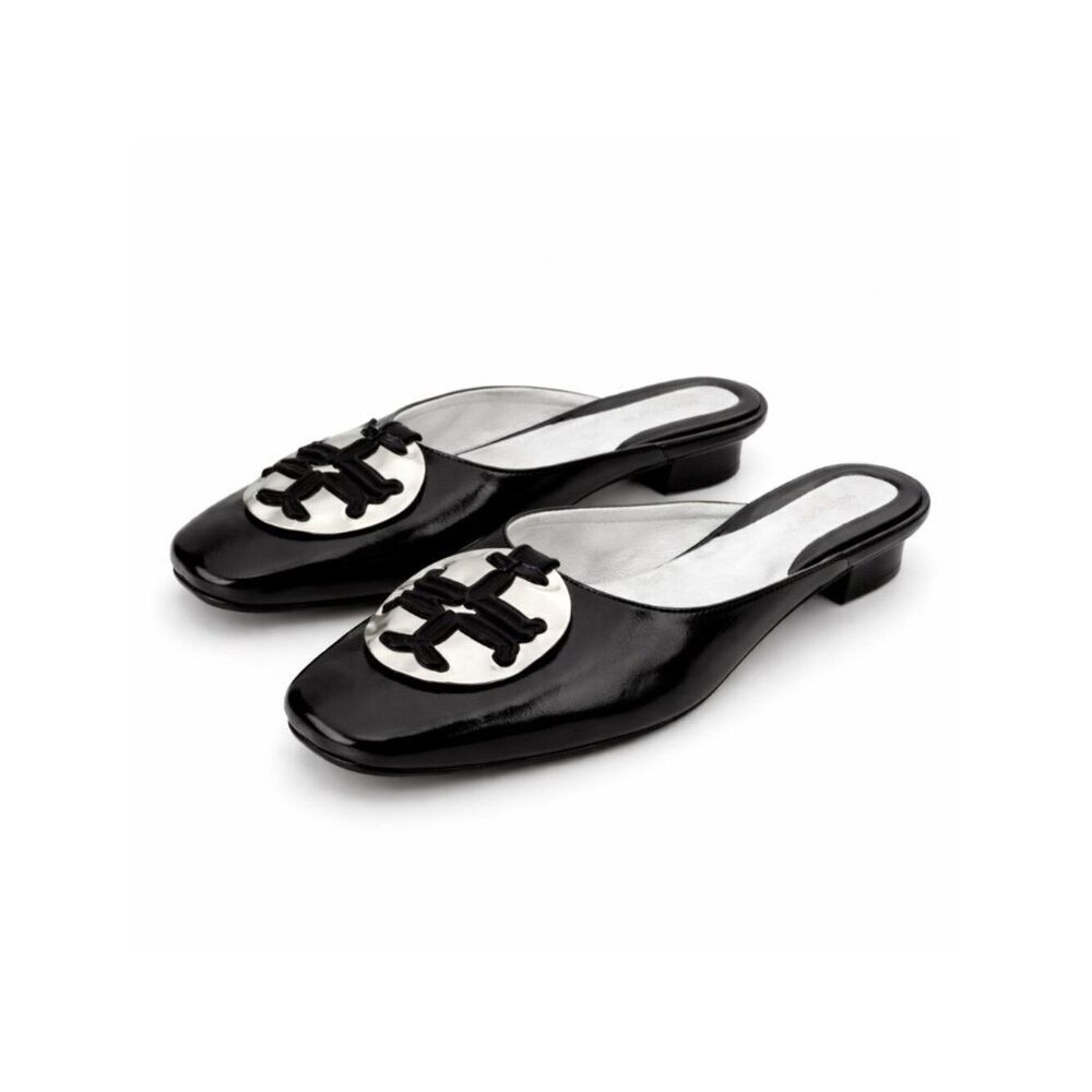 Tory Burch Patos Logo Kitten Heel Mules Black Leather Womens 6.5 New